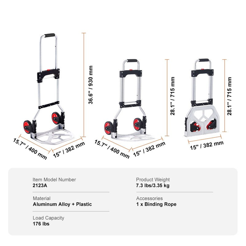 Folding Hand Truck Aluminum Luggage Trolley Cart Dolly 176 Lbs Bungee Cord6