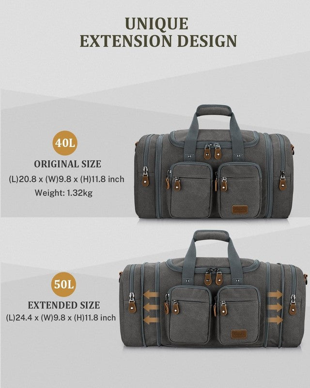 Expandable 50L Canvas Duffle Bag Grey Travel Gym Weekender Carry On5