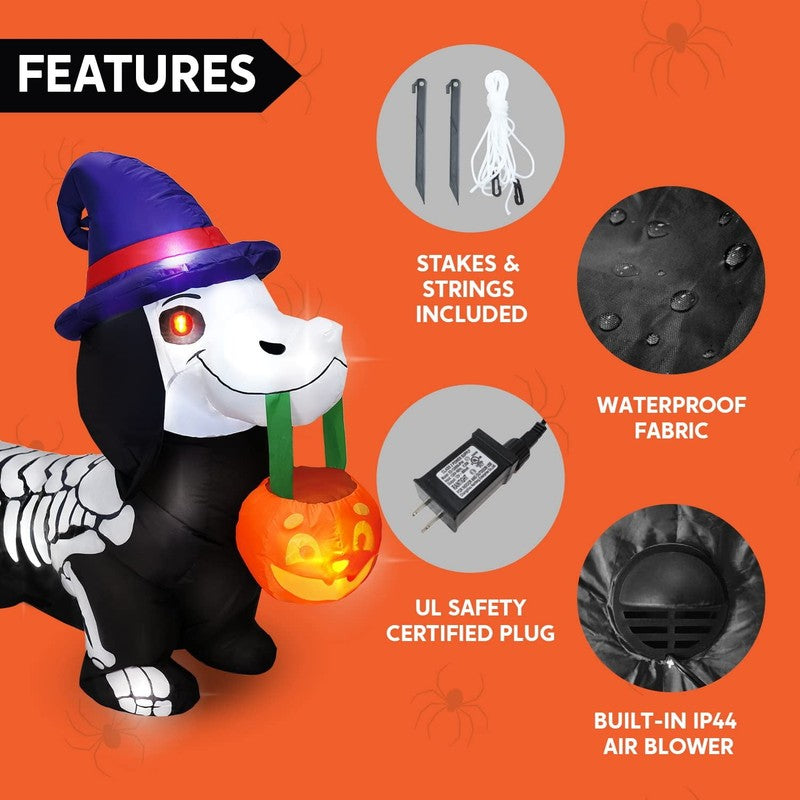 5Ft Halloween Inflatable Pumpkin Skeleton Wiener Dog w/ LEDs Yard Decor3