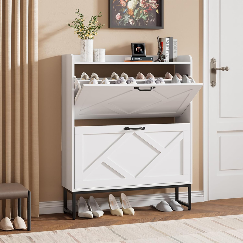 Shoe Cabinet 2 Flip Drawers Freestanding Narrow Rack Entryway Foyer White0
