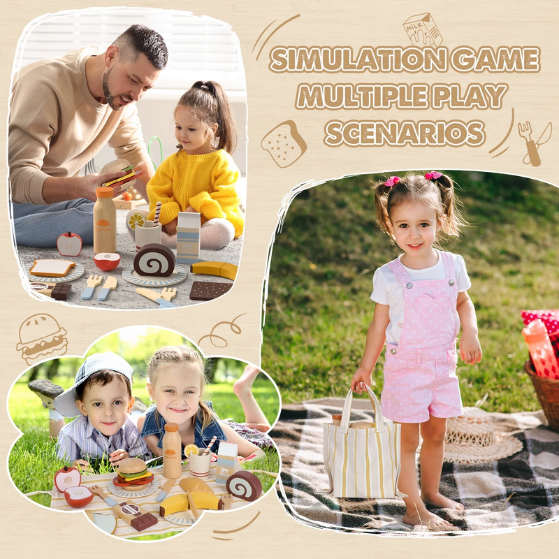 Wooden Play Food Sets for Kids Kitchen, Food Toys for Toddlers 3 5, Pretend Picn5