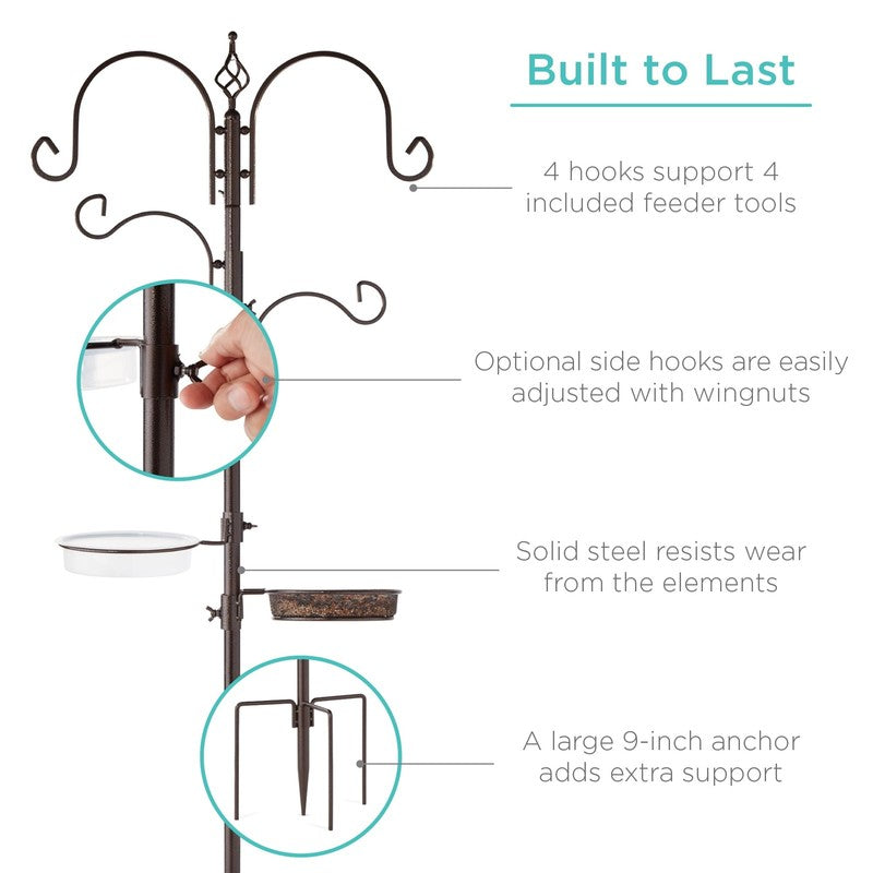 91" Brown Steel 4-Hook Bird Feeding Station w/ 2 Feeders, Tray & Bird Bath5
