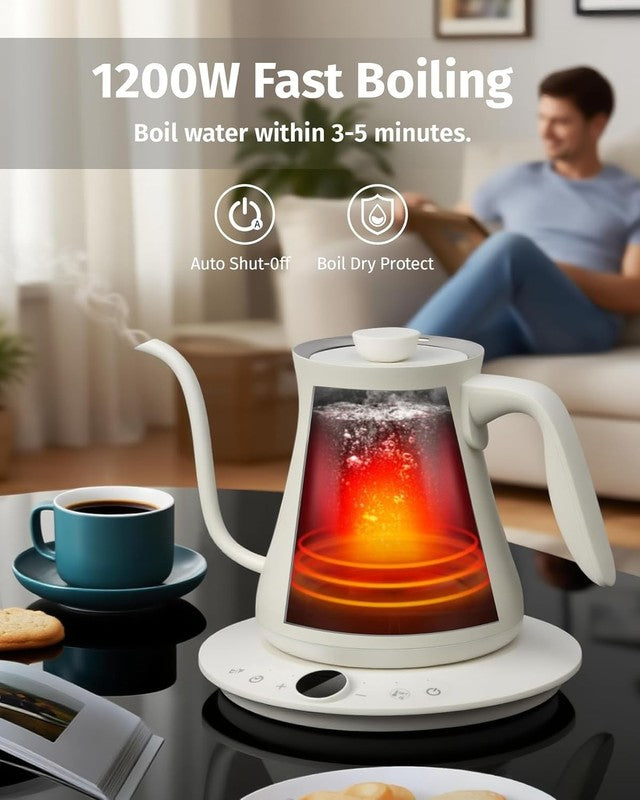 Gooseneck Electric Kettle 0.8L 1200W Stainless Steel White Temp Control Auto Off4