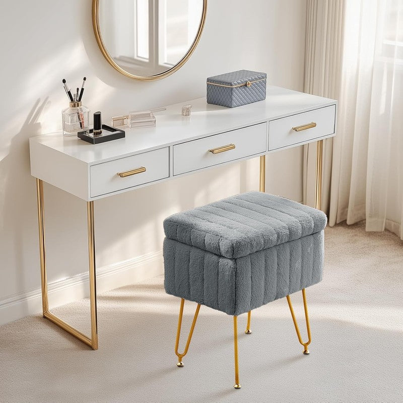 Vanity Stool Ottoman with Storage Faux Fur Seat Footrest Chair 4 Metal Legs Gray1