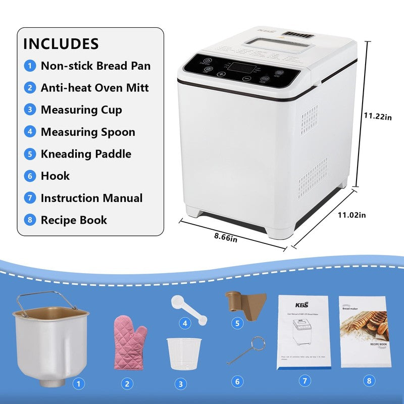 2LB 20-in-1 Bread Maker Machine White LCD Automatic 2 Custom Menus 0704