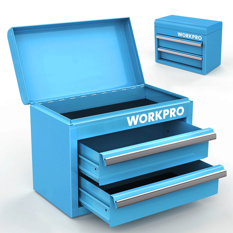 Mini Metal Tool Box with 2 Drawers and Top Storage, Small Tool Chest with PVC Li9