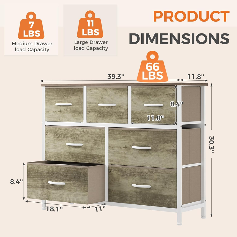 7 Drawer Fabric Dresser Storage Tower Steel Frame Wood Top Greige Oak2