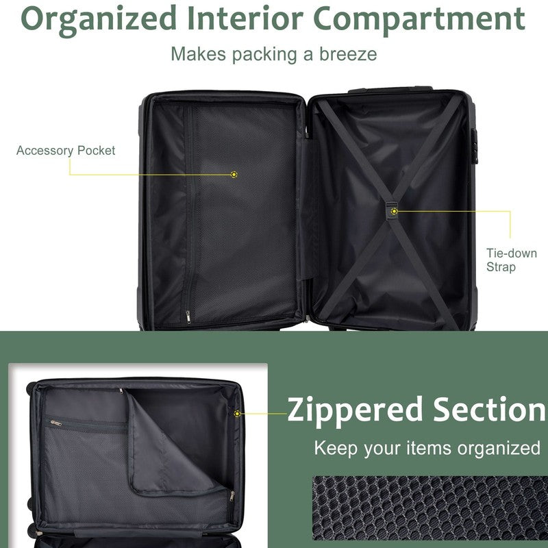 24" Carry On Luggage 65L Suitcase Wheels TSA Lock ABS+PC Lightweight Green1