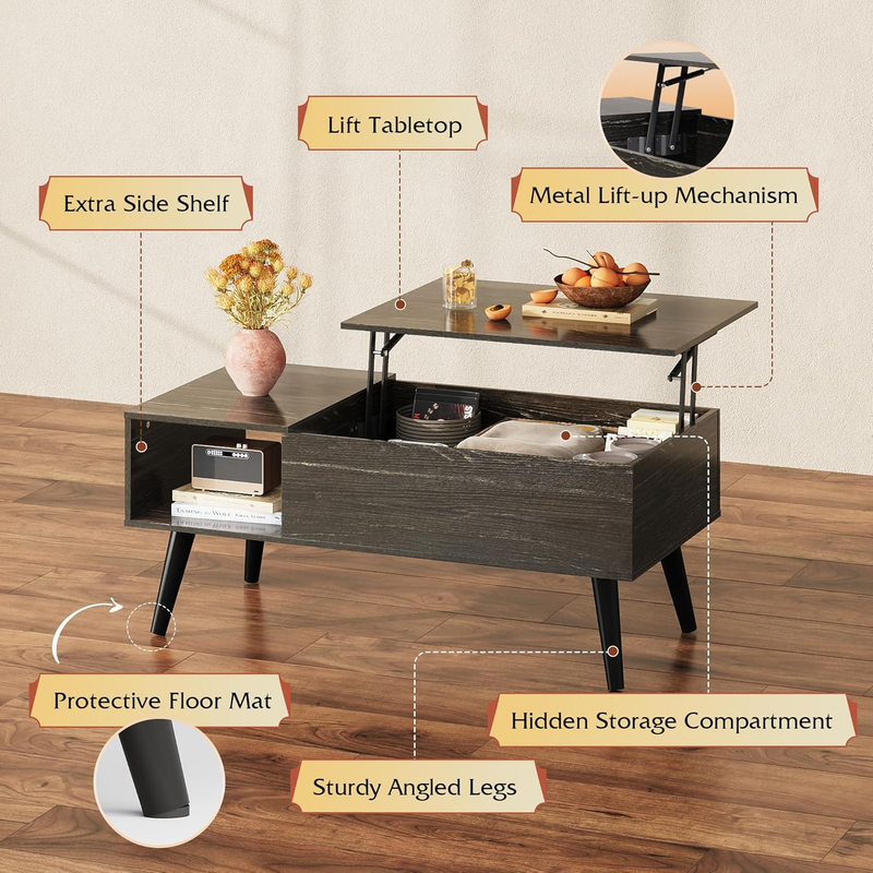 39" Lift-Top Coffee Table with Storage Shelf Black Oak5