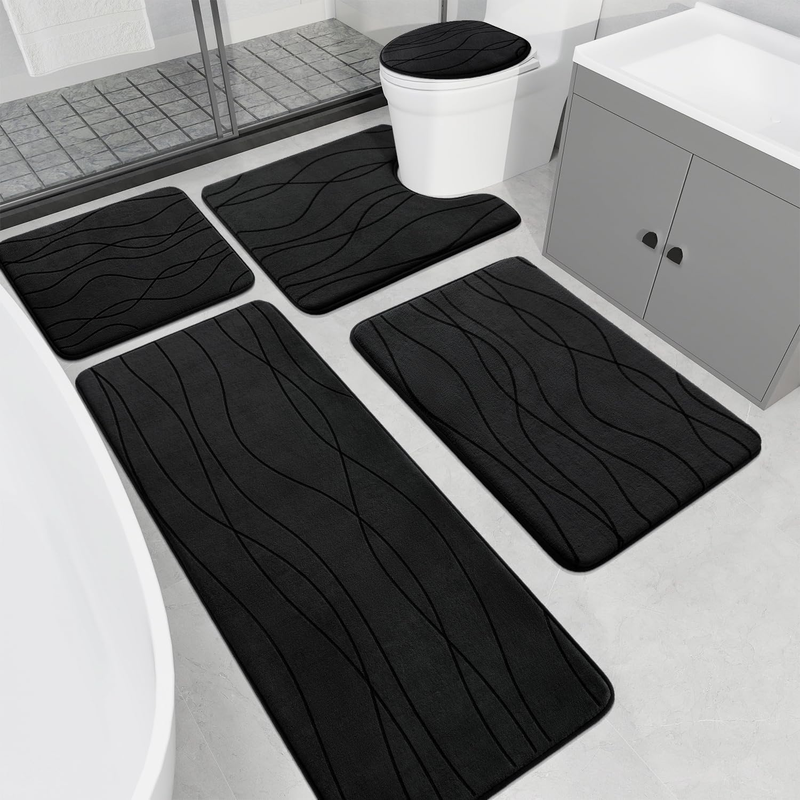 Memory Foam Black Bathroom Rug Sets 5 Piece, Ultra Absorbent Bath Mat for Bathro8