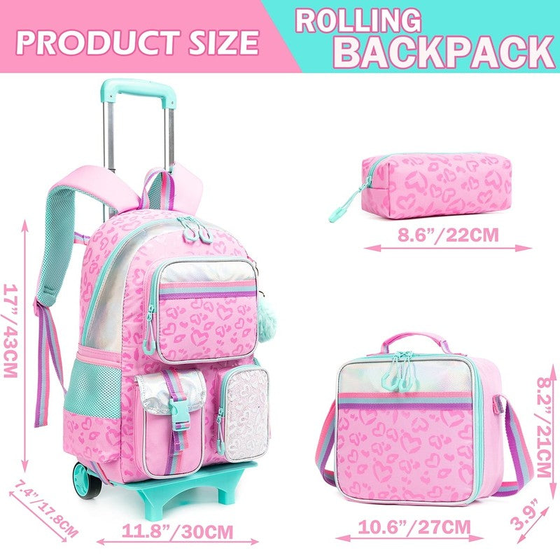Pink Kids Rolling Backpack for Girls with Wheels Roller School Backpacks with Lu1