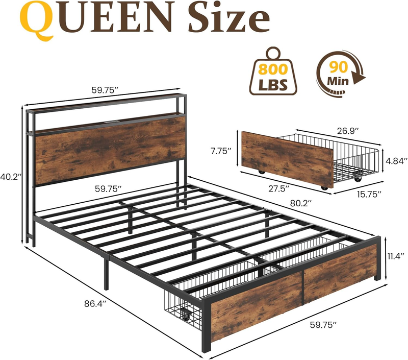 Queen Bed Frame LED Charging Storage Headboard Drawers Metal Rustic Brown1