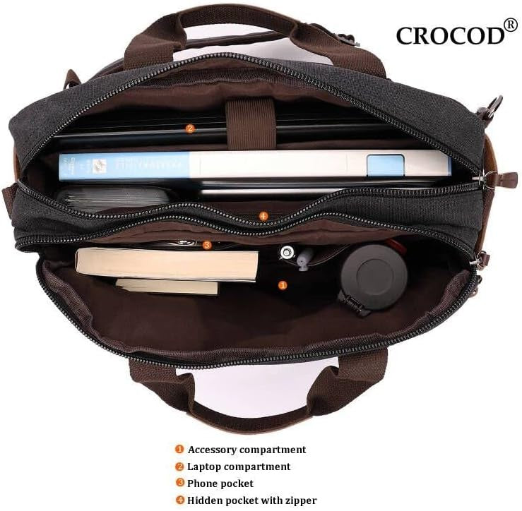 3 in 1 Canvas Laptop Bag 17.3 Inch Convertible Shoulder Travel Business Black5