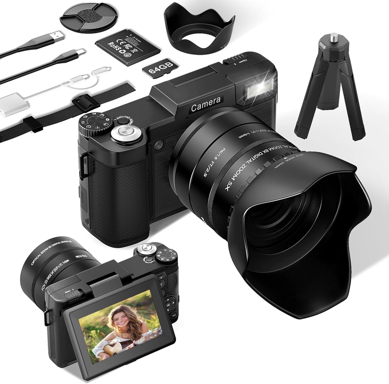 6K Digital Camera 75MP Vlogging 8X Optical Zoom 3" Flip Screen Anti-Shake w 64GB0