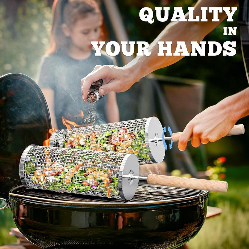 Rolling Grill Basket, Removable Wooden Handle, 304 Stainless Steel, Nesting BBQ 2