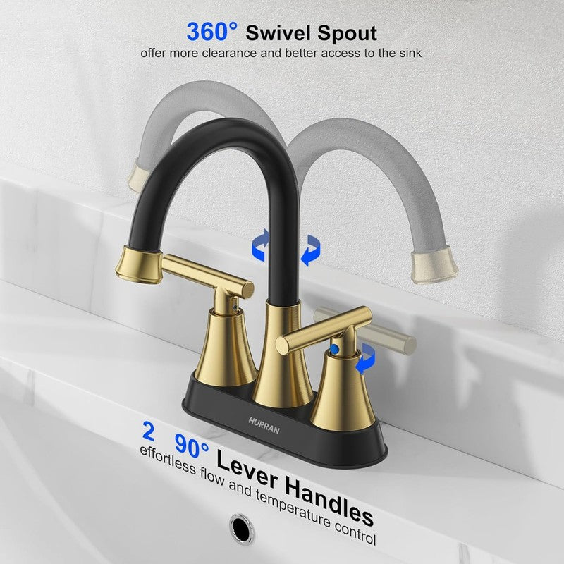 3 Hole Bathroom Faucet Black Gold Centerset Vanity RV w/ Drain Hoses3