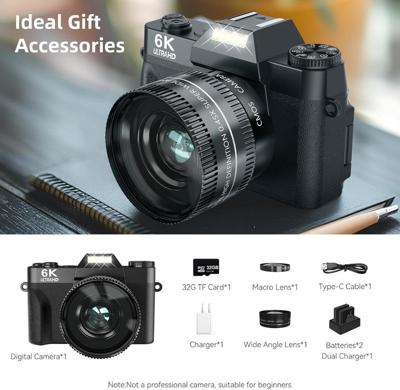 6K Digital Camera 64MP Vlogging WiFi 180° Flip Screen 16X Zoom 32GB Black6