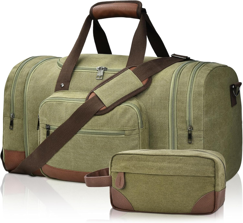 50L Canvas Duffle Bag Army Green w/ Toiletry Bag Travel Gym Weekender Carry On10