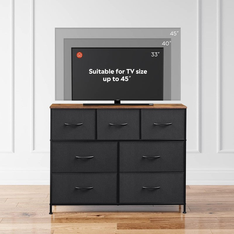 7 Drawer TV Stand Dresser Black & Rustic Brown Metal Frame Wood Top Storage5