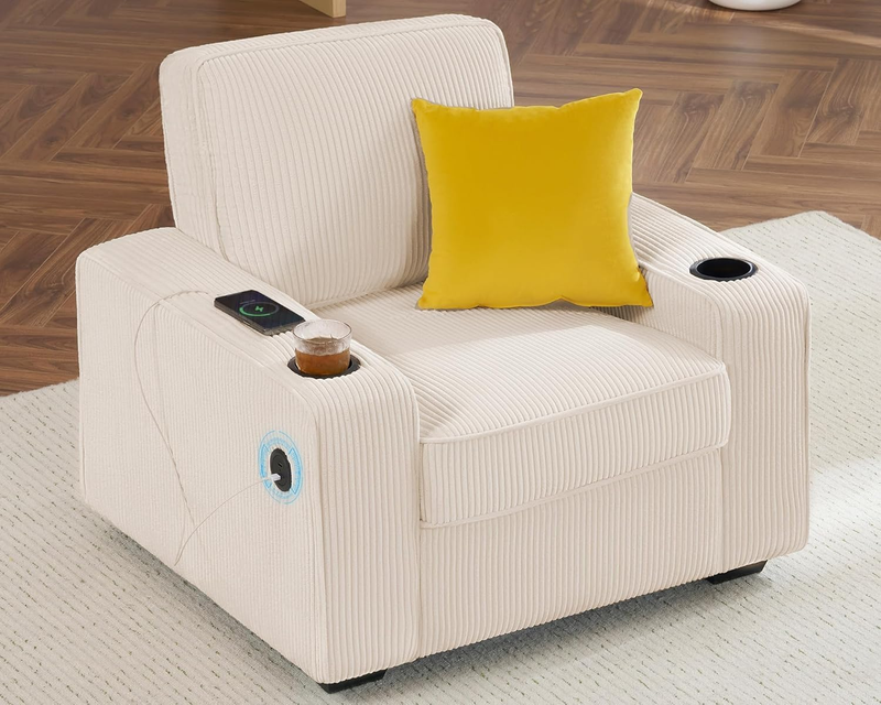 Corduroy Sofa Chair Accent Chair Cup Holders USB Ports Upholstered Beige8