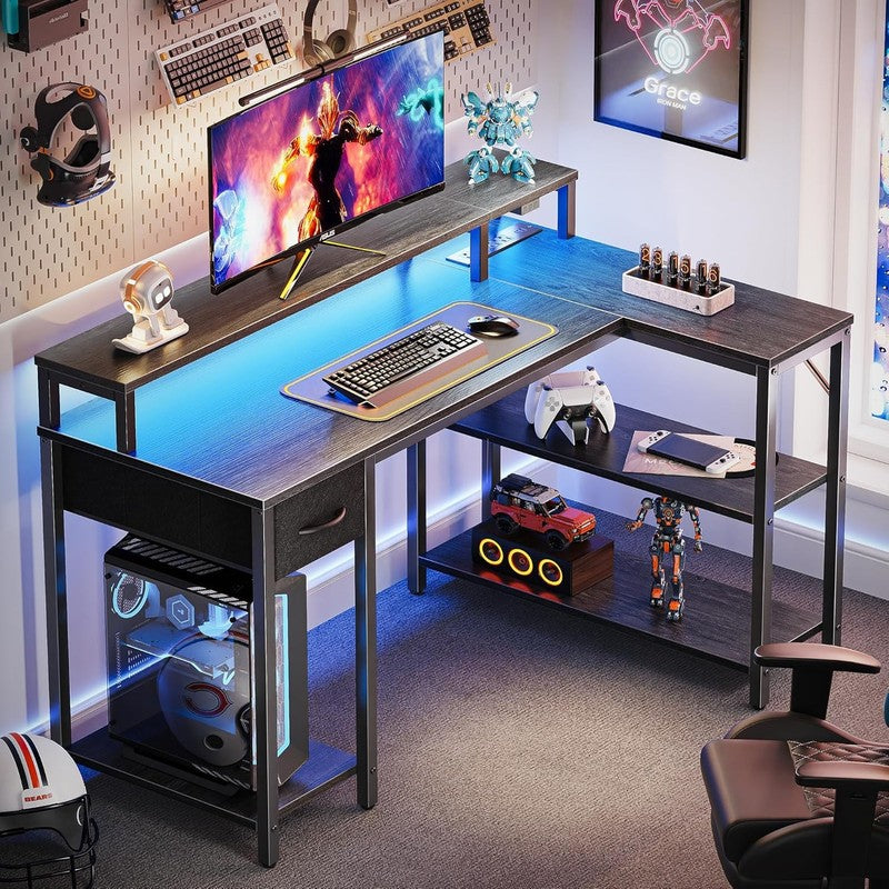 47'' Reversible L Shaped Desk LED Lights Power Outlets Gaming Grey1
