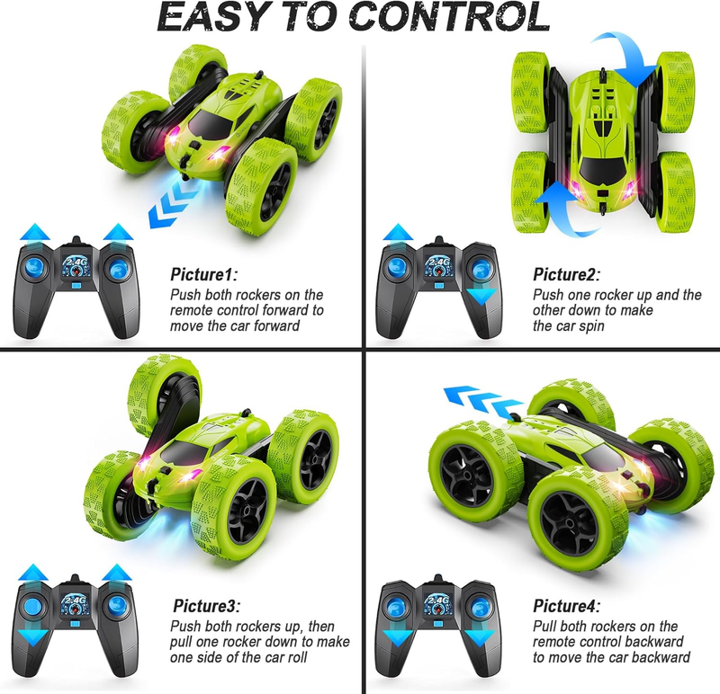 Kids RC Stunt Car 4WD Double Sided 360° Rotating Remote Control Green5