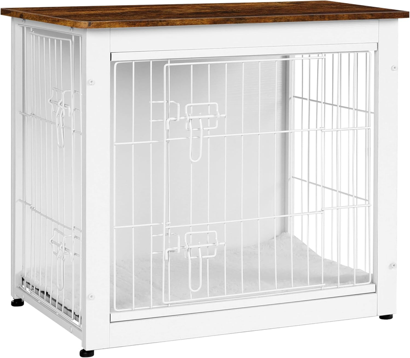 Dog Crate Furniture Table w/Cushion Wooden Kennel Double Door 27.2" White/Brown9