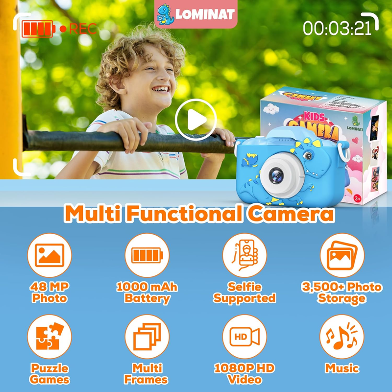 Kids 1080P HD Camera Dinosaur Dual Lens w/32GB SD Gift for Boys Girls 3-91