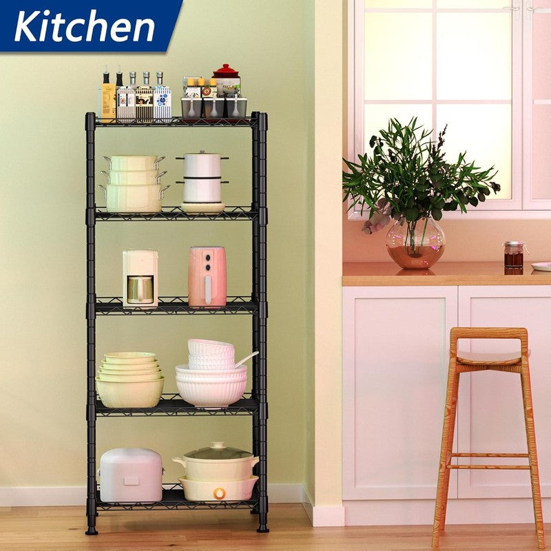 Adjustable 5 Wire Metal Storage Rack for Laundry, Kitchen & Closet   Black1
