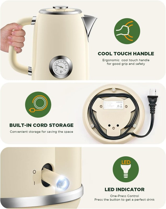 Electric Kettle 1.8L 1500W Stainless Steel Retro w/ Temp Gauge LED Auto Shut Off7