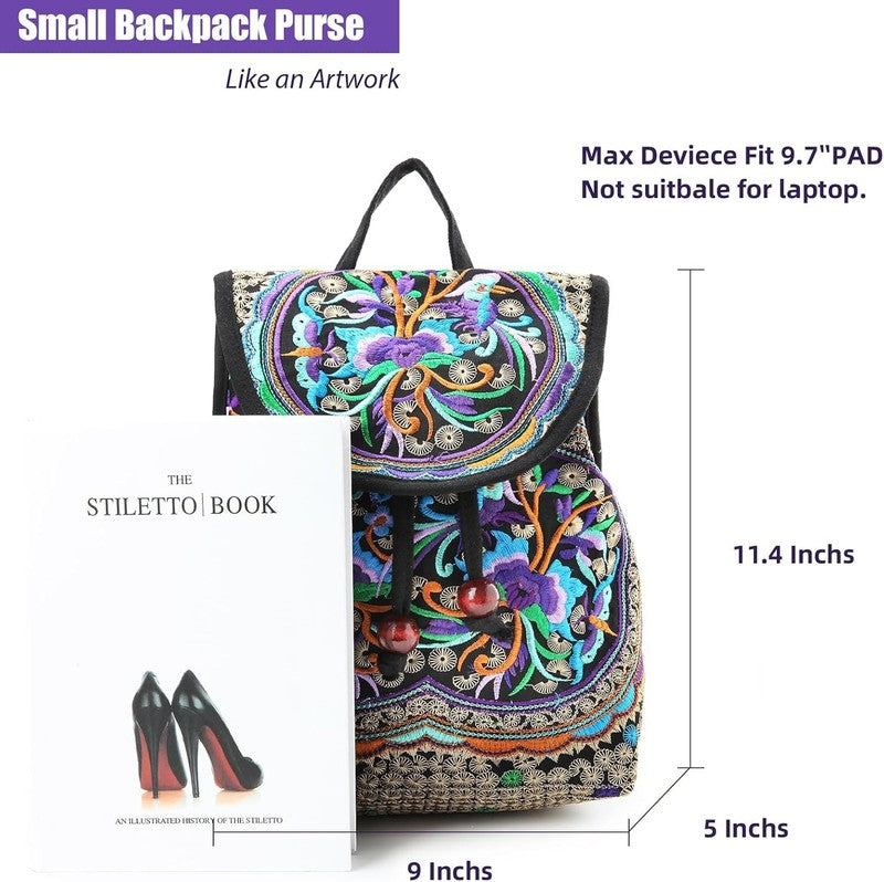 Women Embroidered Backpack Boho Floral Mini Travel Shoulder Bag Purple6