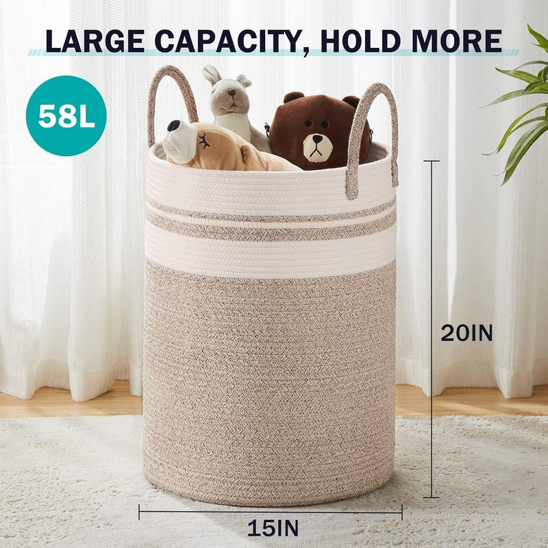 58L Woven Rope Laundry Hamper Basket, Tall Clothes Bin for Bedroom Brown1