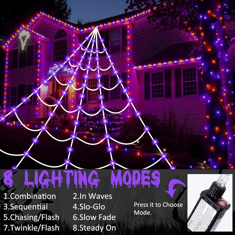 150 LED Halloween Spider Web Lights, 16.4FT, 8 Modes, Purple, Outdoor/Indoor2