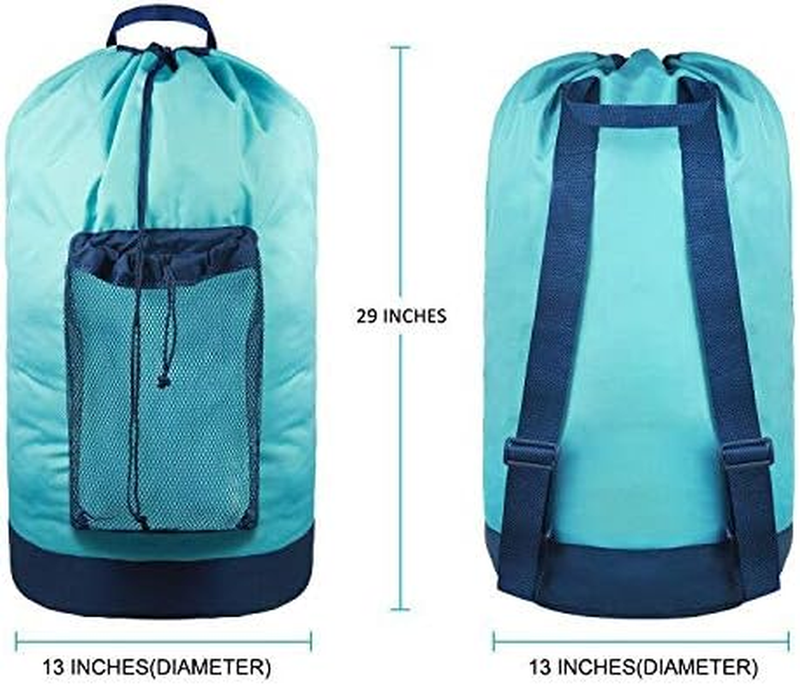 Backpack Laundry Bag with Straps & Mesh Pocket, Durable Nylon Clothes Blue1