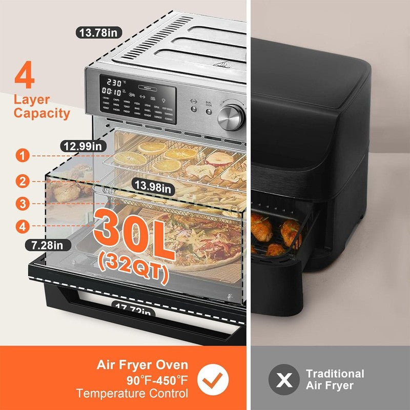 32QT Air Fryer Oven 21-in-1 Convection Rotisserie 1800W Silver5