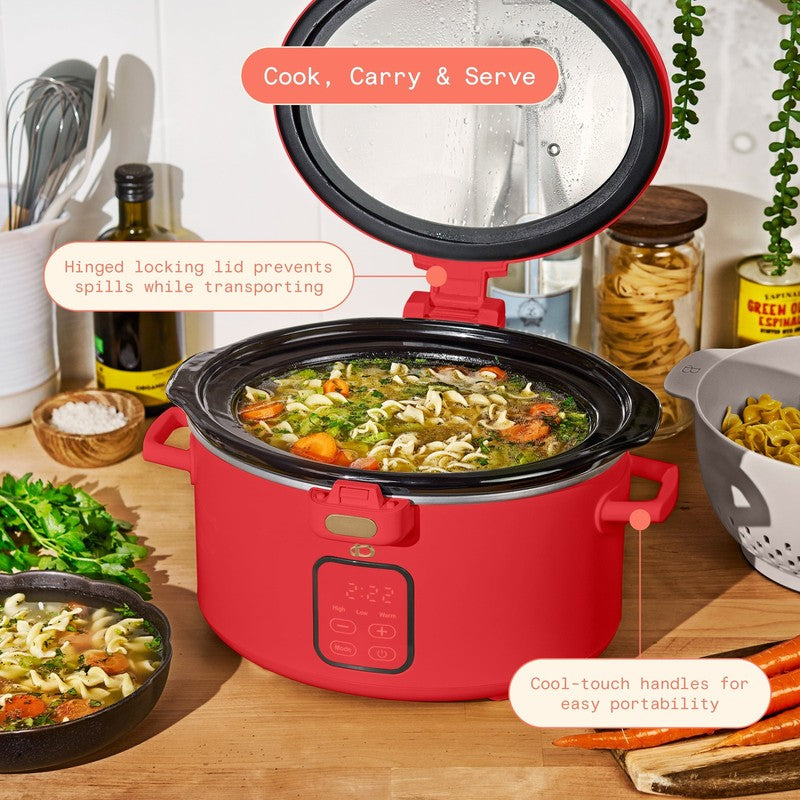 4 Qt Digital Slow Cooker with Hinged Locking Lid, Tomato Red by Drew Barrymore2