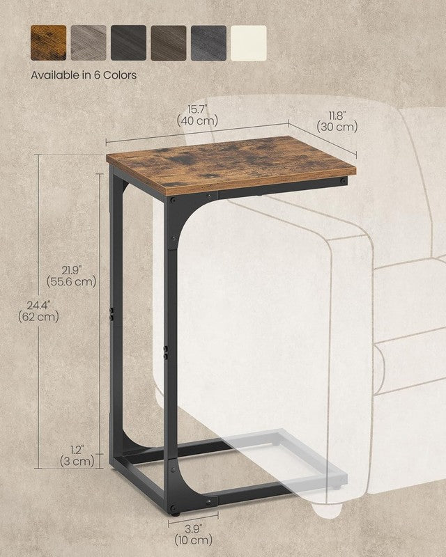 C Shaped Side Table, Sofa End Table with Metal Frame, Rustic Brown & Black2