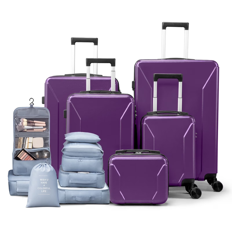 5 Piece Luggage Set with 8 Packing Cubes, Hard Shell Suitcase Set with Spinner W0