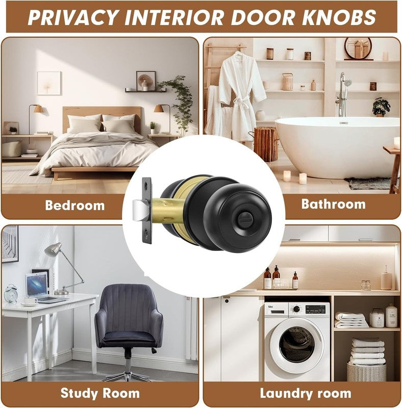 Privacy Door Knobs, 6 Pack Matte Black Door Knobs with Lock, Bed and Bath Door K2