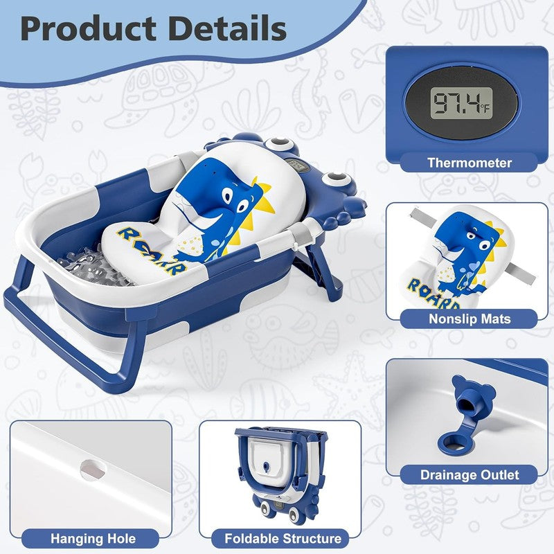 Collapsible Baby Bathtub Thermometer Soft Cushion Foldable Travel Tub Navy Blue1