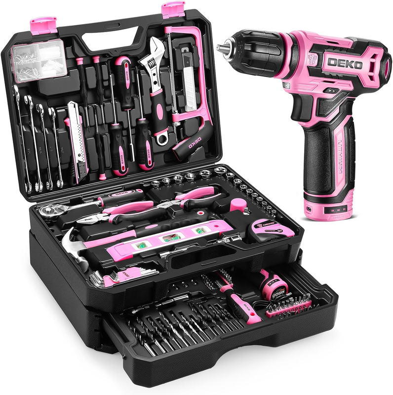 12V Cordless Drill Tool Kit Pink Home Repair Toolbox Combo w Organizer Case8