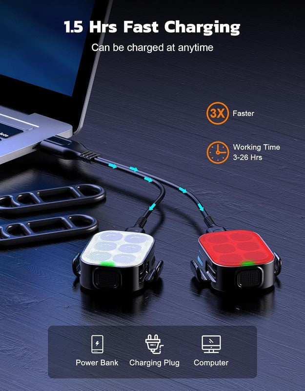 USB Rechargeable Bike Lights Front & Rear IP65 Waterproof 4+6 Modes 2 Set3