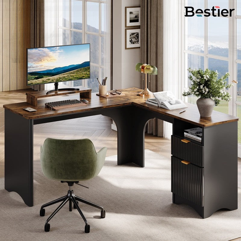 55" L-Shaped Desk with Drawers, Monitor Stand & Fluted Panels Black/Rustic9