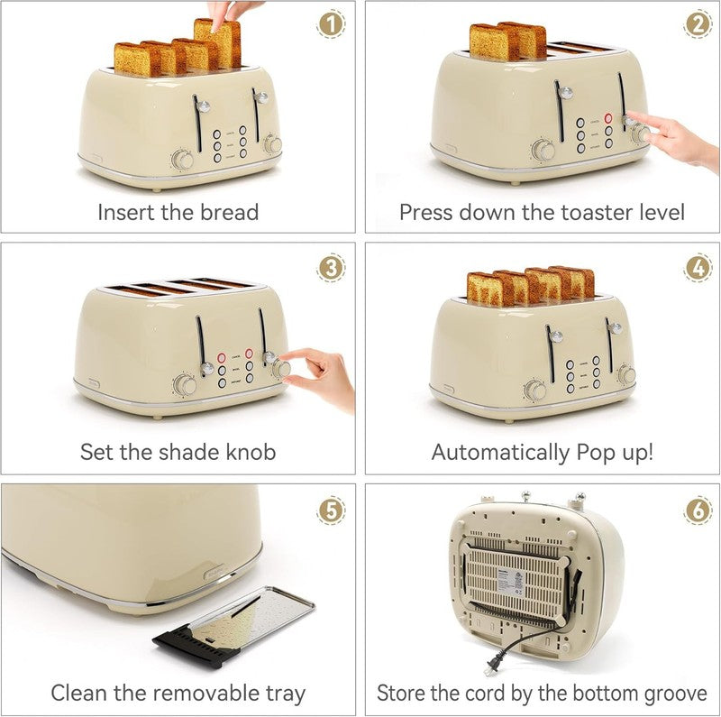 4-Slice Retro Toaster Cream 6 Shade Settings Cancel/Defrost/Reheat Wide Slots4