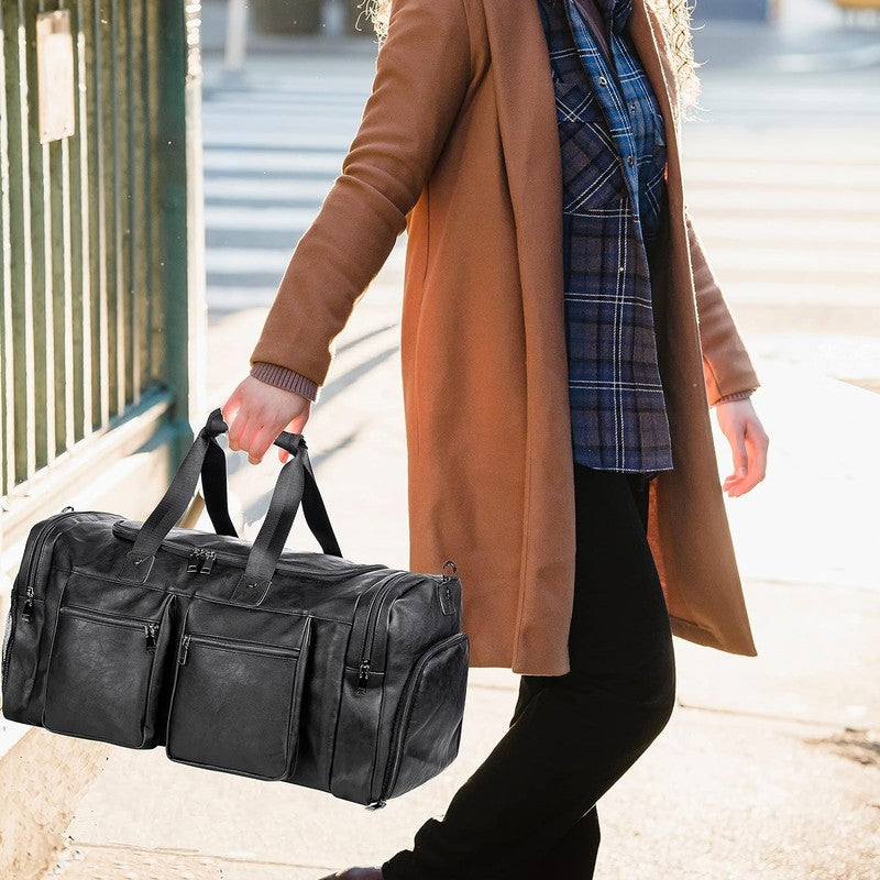 Travel Bag with Shoe Pouch,Weekender Overnight Bag Leather Large Carry on Bag6