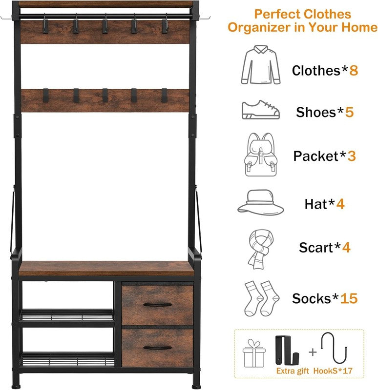 Hall Tree Entryway Bench with Coat Rack & Storage 5-in-1 Rustic Brown 31.5"3