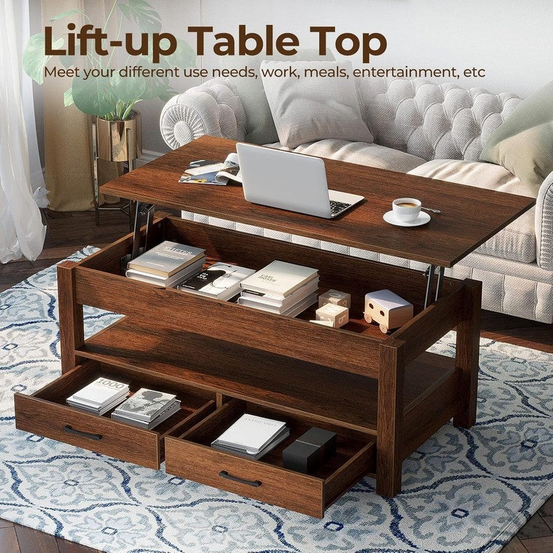 Lift Top Coffee Table w/ Drawers Hidden Compartment Retro Wooden Espresso3