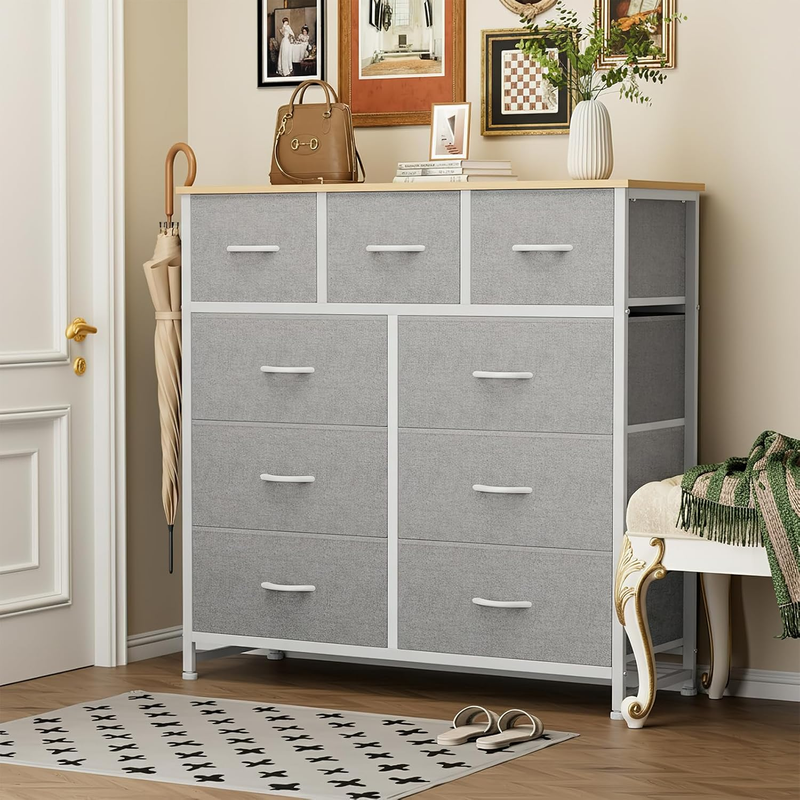 9 Drawer Fabric Dresser Storage Tower Steel Frame Wood Top Light Gray1