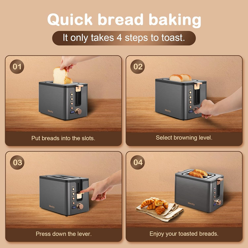 Grey 2-Slice Toaster Stainless Steel - Bagel, Defrost, Reheat, Timer, 6 Shade5