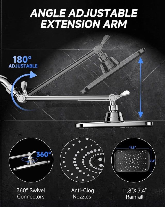 11.8" Rectangular Rain Shower Head w/ 11" Arm, High Pressure, Chrome2